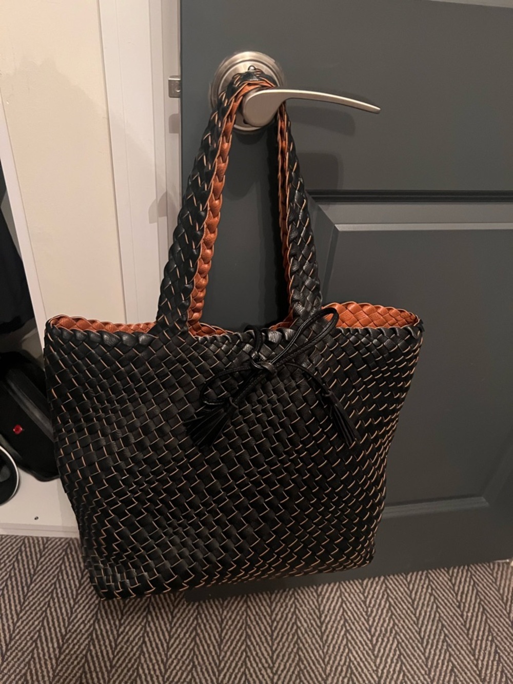 Woven Leather Tote Bag - Black & Brown